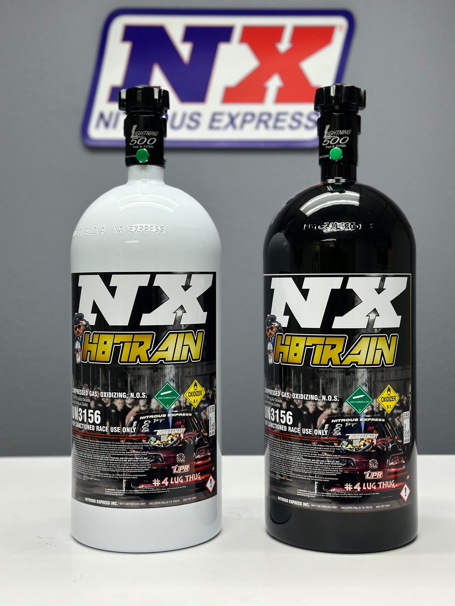 10lb NITROUS EXPRESS bottle with H8TRAIN label